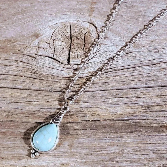 Tribal Style Teardrop Turquoise Stone Silver Chain Necklace - Picture 3 of 5